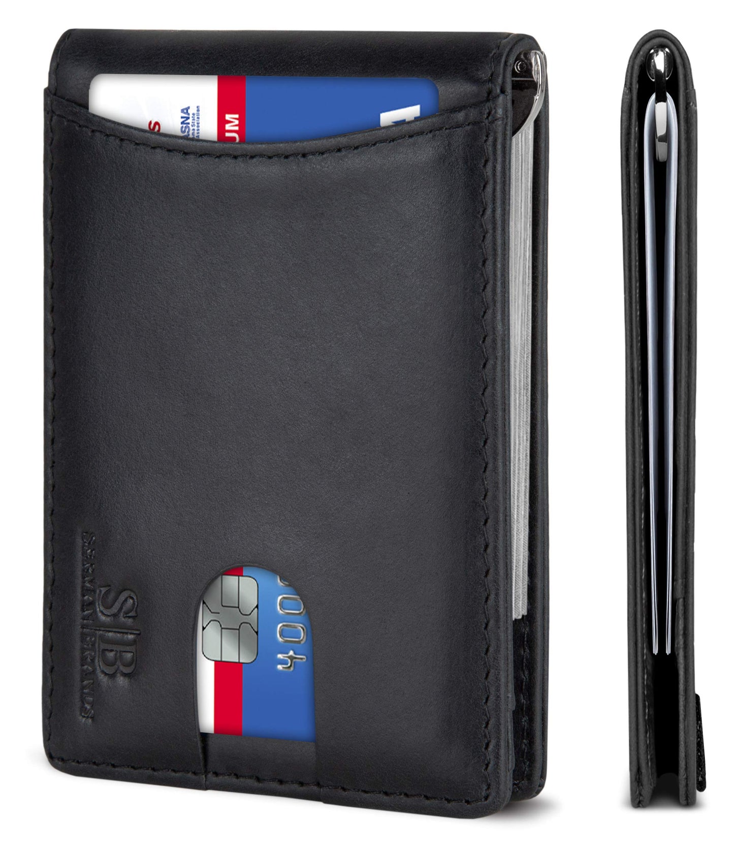 SERMAN BRANDS RFID Blocking Slim Bifold Genuine Leather Minimalist Front Pocket Wallets for Men with Money Clip Thin Mens (Charcoal Black 1.0)