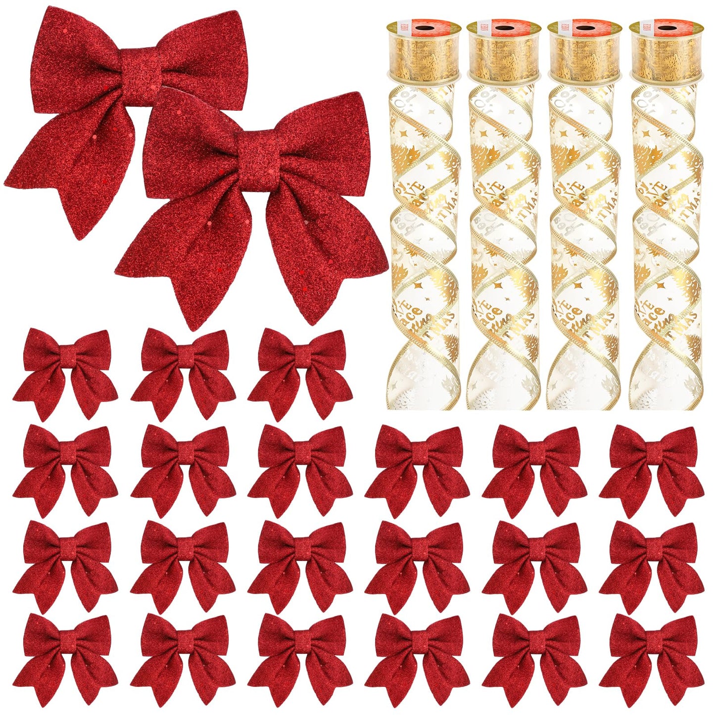 23pcs 5.5'' Mini Christmas Bow Decorations and 4 Rolls Sheer Glitter Ribbon, Sequin Wreaths Bows and Organza for Christmas Tree Ornaments Gift Wrapping (Red Bow and Golden Ribbon)