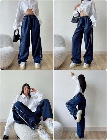Springrain Womens Wide Leg Track Pants Slouchy Stripe Detail Jogger Sweatpants with Pockets(Navy-M)