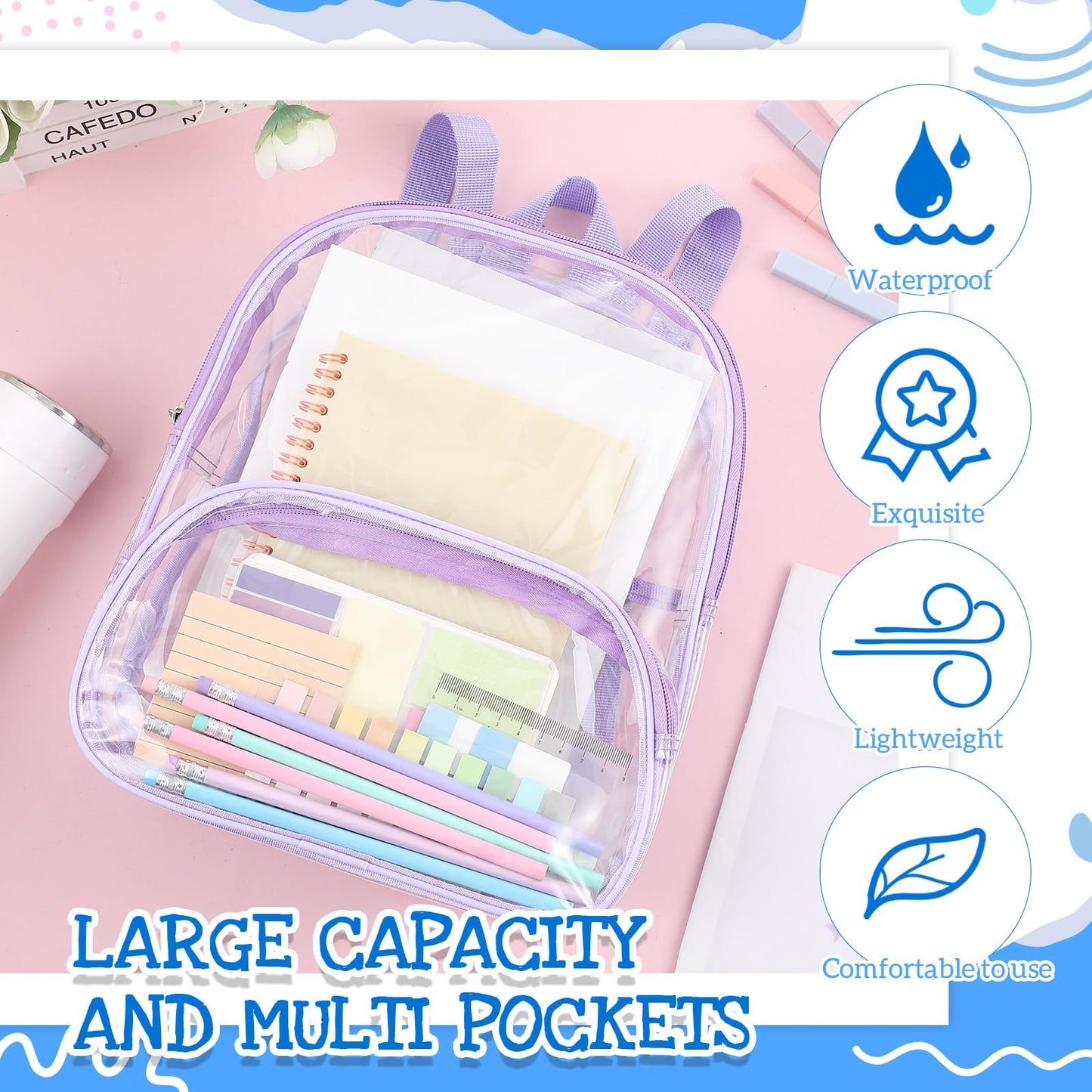 Aliceset Clear Backpack Bulk Waterproof Transparent Colorful Bookbag Donation Supply Kits for Women Men(12 Inch,50 Pcs)