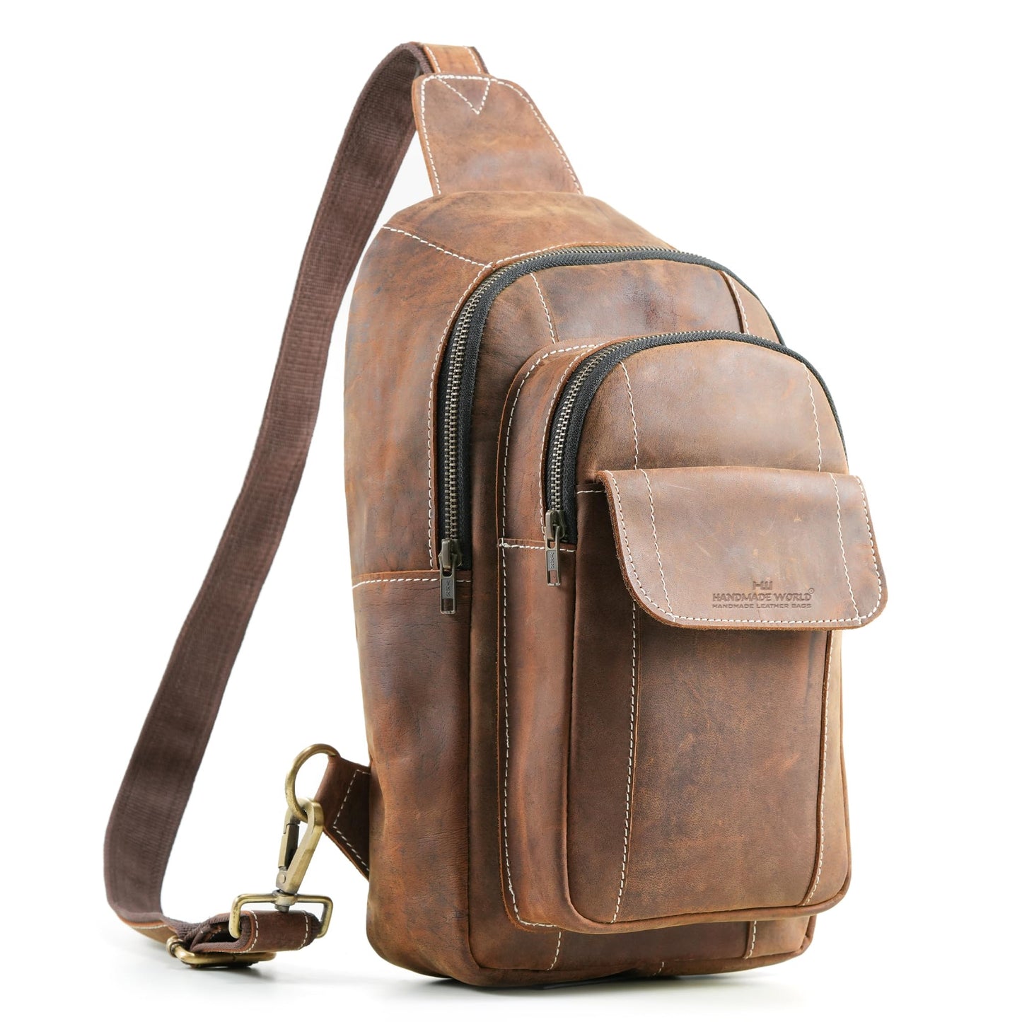 Handmade World Genuine Leather Sling Chest Crossbody Bag Backpack Small 'The RoamRush' Buffalo Hunter Leather Shoulder Travel Daypack