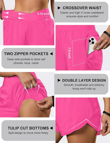 Women's High Waisted Workout Shorts - Athletic Crossover Running Shorts with Zipper Pockets | Comfortable Gym Wear