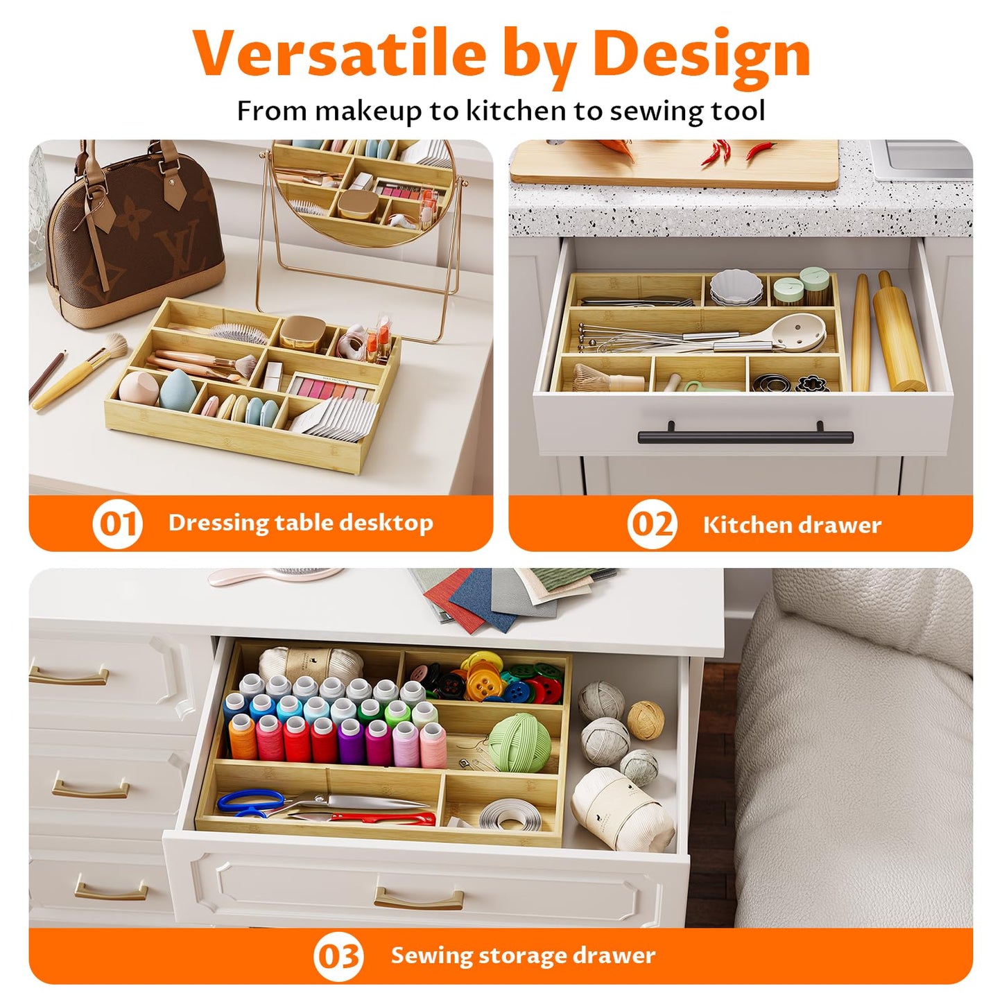 VA1KENE Bamboo Drawer Organizer with 9 Adjustable Compartments, Office Desk Organization Tray for Office Utensils, Supplies, Makeup, Jewelry, and More – Ideal for Desk or Drawer Storage