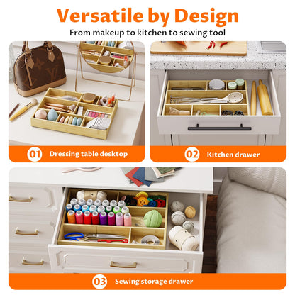 VA1KENE Bamboo Drawer Organizer with 9 Adjustable Compartments, Office Desk Organization Tray for Office Utensils, Supplies, Makeup, Jewelry, and More – Ideal for Desk or Drawer Storage