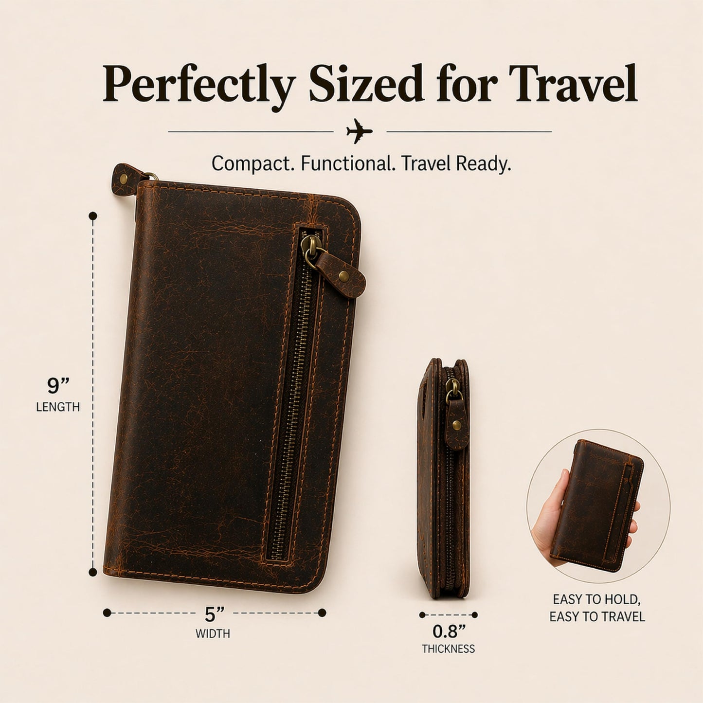 TheAntiq Brown Leather Family Passport Holder - Travel Document Organizer Wallet with Card Slots ID Window Zipper Closure for Multi Passport Storage Travel Use, 5 x 9