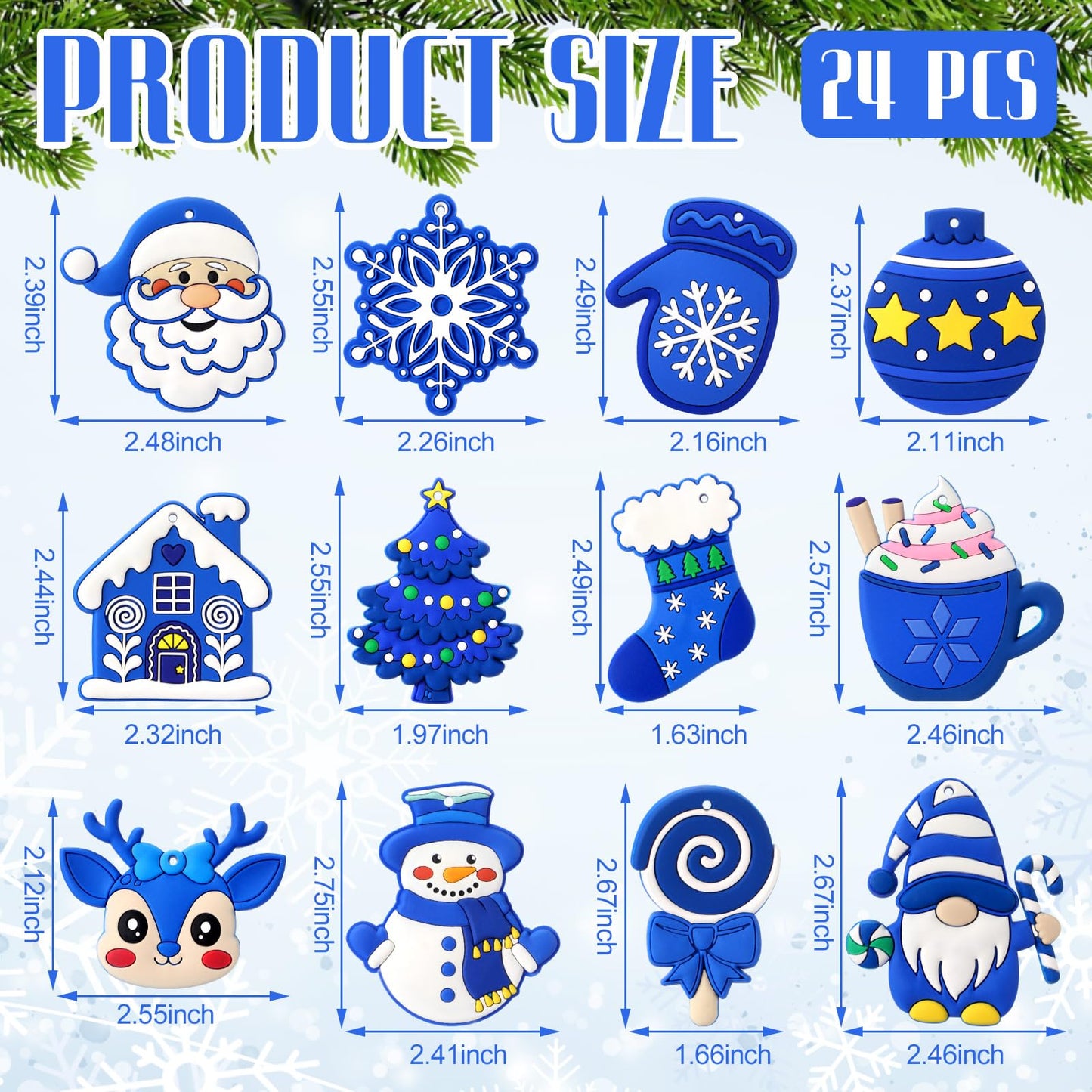 Lunmon 24 Pcs Blue Winter Ornaments PVC Snowman Tree Ornaments Gingerbread House Gnomes Ornament Blue Winter Decorations for Xmas Tree Party Holiday Decor