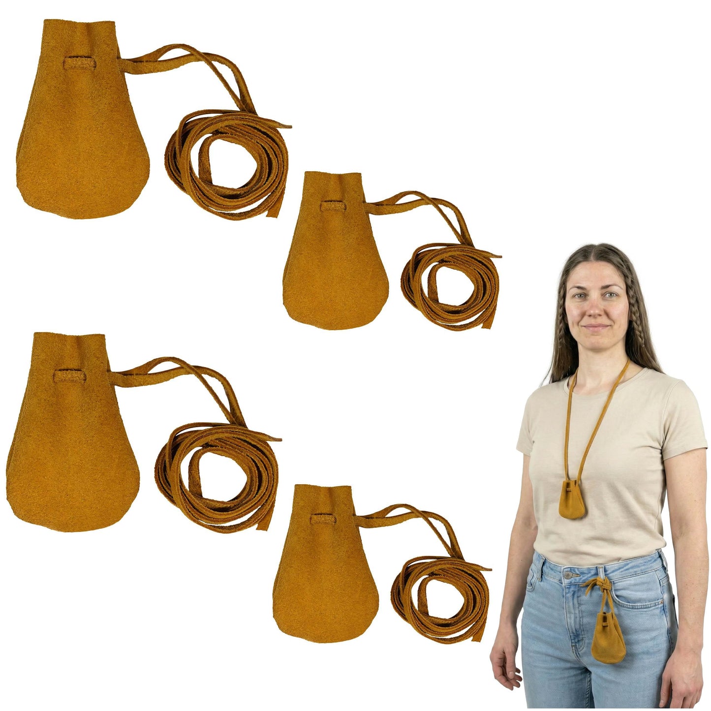 Mythrojan Small Trinket Pouches Pack of 4, Suede Leather Drawstring Coin & Dice Bags for LARP, SCA, Viking & Medieval Events Color : Yellow