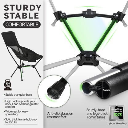 MARCHWAY Lightweight Folding High Back Camping Chair with Head Support, Stable Portable Compact for Outdoor Camp, Travel, Beach, Picnic, Festival, Hiking, Backpacking (Highback Black)