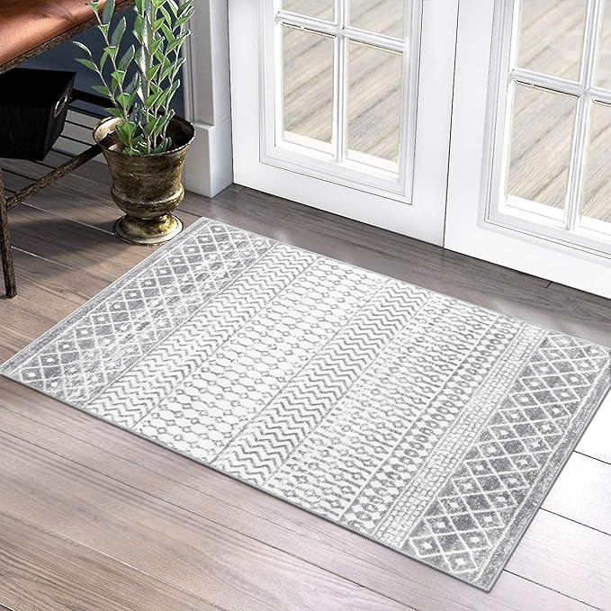 Moroccan Washable Rugs, 2x3 Grey Rug Non-Slip Small Distressed Entryway Rugs, Soft Low-Pile Bedroom Rug Indoor Doormat Carpet for Entryway Kitchen Bathroom
