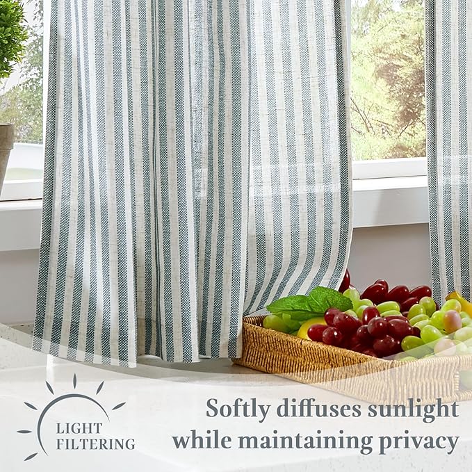 jinchan Striped Linen Kitchen Curtains with Attached Valance 36 Inch Length Cafe Tier Curtains for Living Room Rustic Half Window Light Filtering Rod Pocket Small Drapes 2 Panels Blue