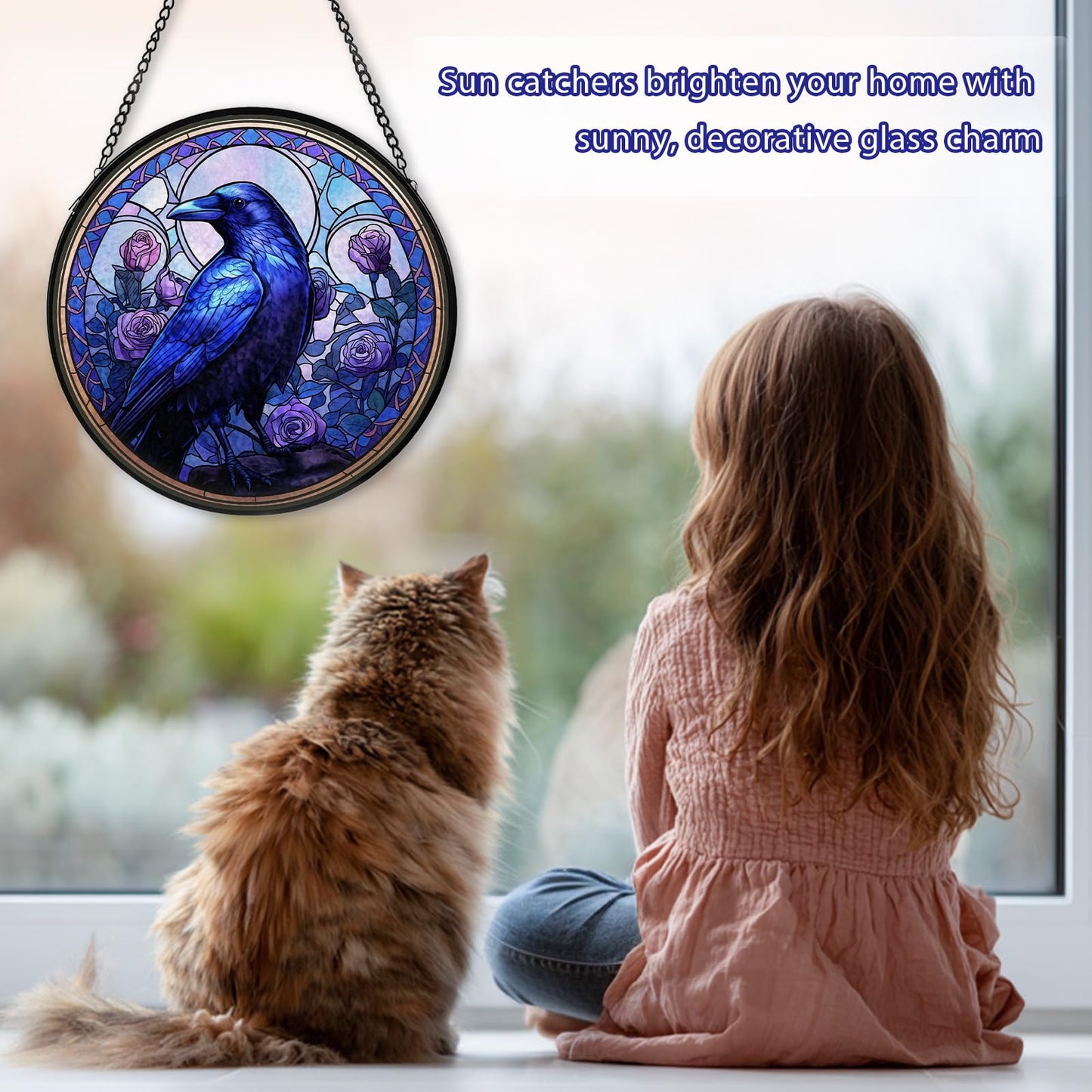 Crow Stained Glass Window Hanging, Raven Suncatcher Diamond Glass Panel Hangings, Sun Catchers Indoor Windows Wall Art, Gift for Birds Lover, Christmas Decor for Home Garden Office Purple 7.87 inches