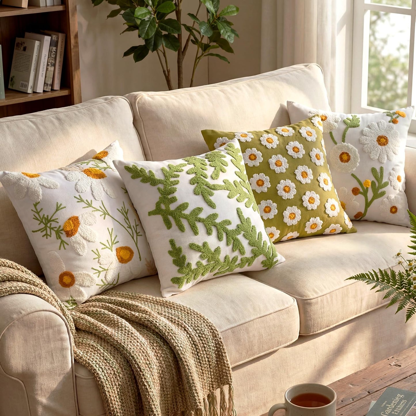 Fourluoo 4 Pcs Daisy Embroidered Throw Pillow Covers 18x18 Daisy Decorative Pillow Cover with Zipper Spring Floral Tufted Cushion Pillowcase for Bed Couch Sofa Living Room