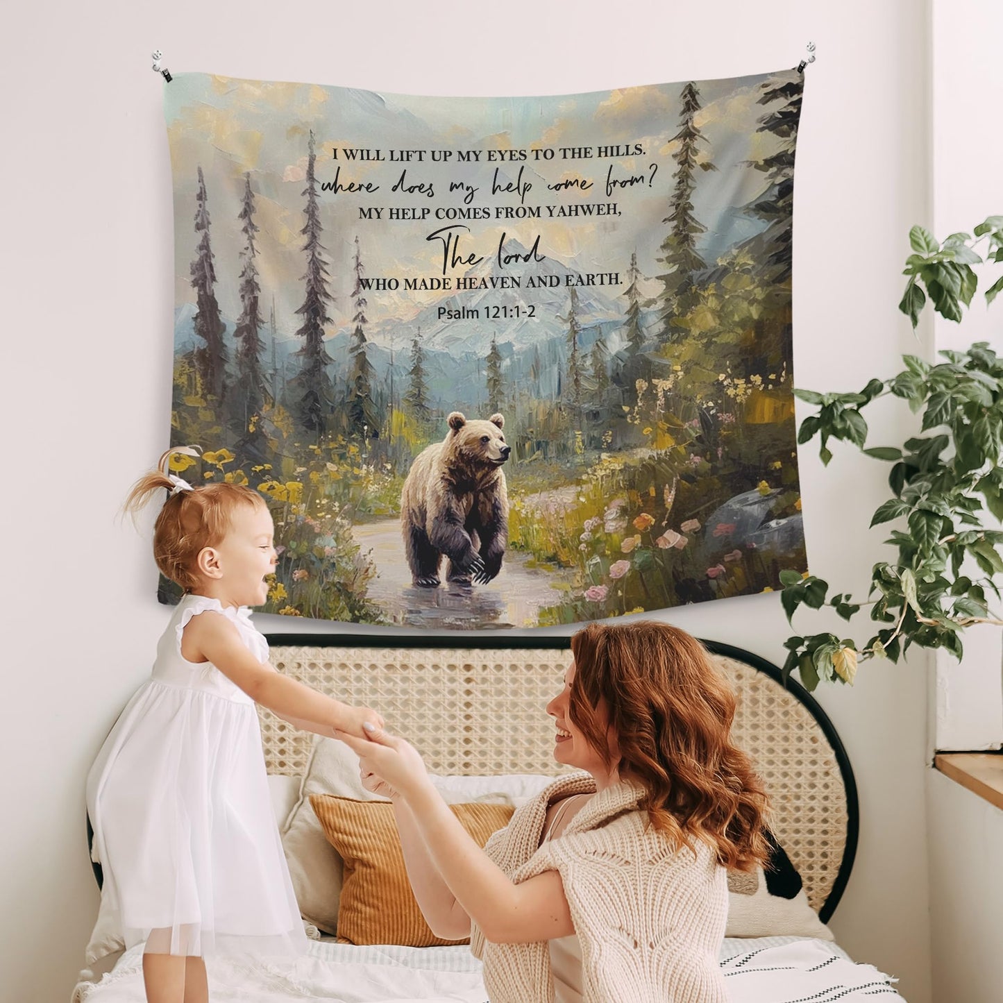 WAITPI Christian Woodland Mountain Hanging Wall Tapestry for Bedroom, Farmhouse Bear Forest Psalm 121:1-2 Bible Verse Scripture Wall Hanging Decor Tapestry for Home Living Room, 50x60in