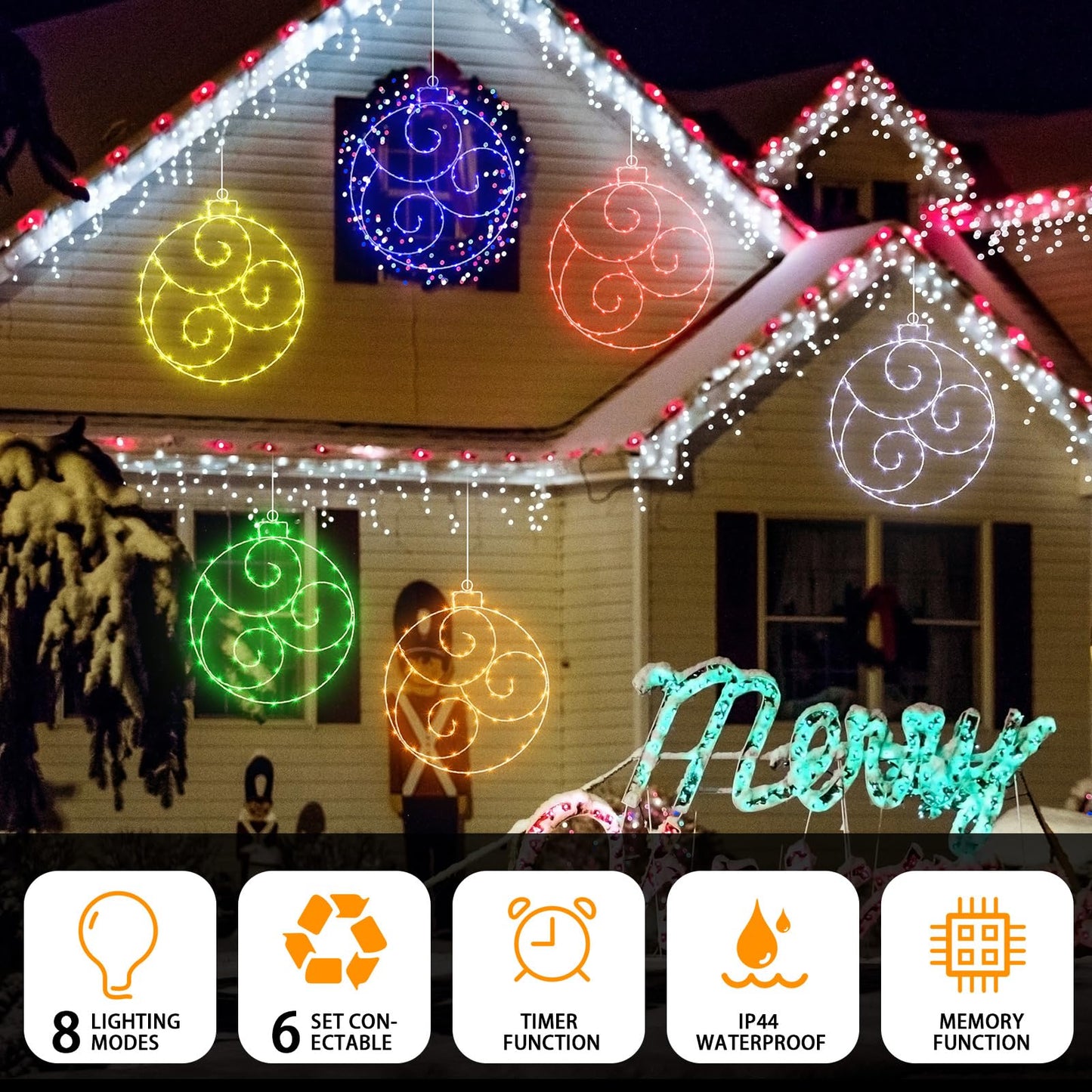 6 Pcs 12 Inch Solar Christmas Outdoor Light Decoration Christmas Hanging Ball LED Waterproof 60 Light with 8 Flicker Modes for Garden Tree Holiday Party Fireplace Decor