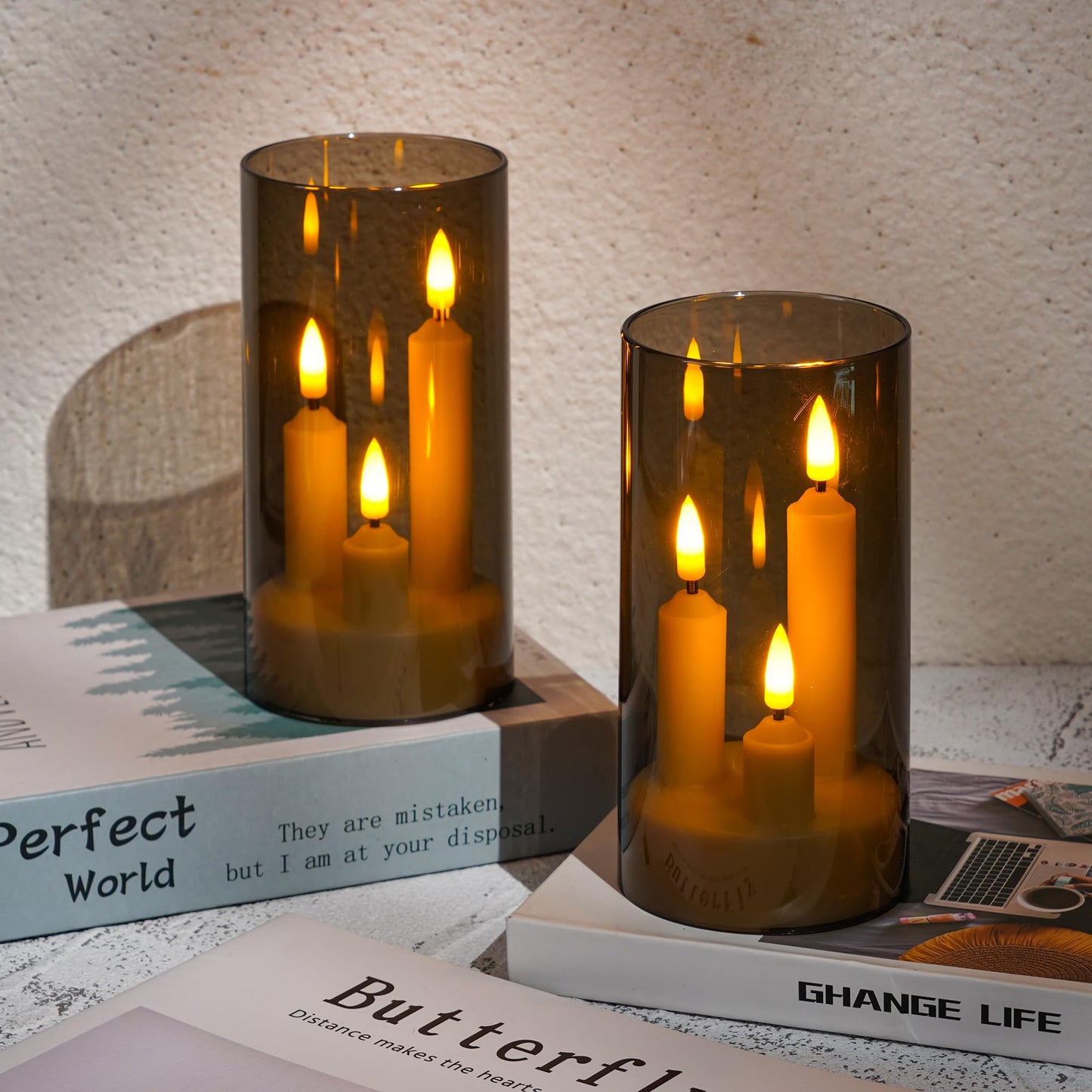 2 Pack 3D Wick Flameless Taper Candles, Gray Transparent Acrylic Cover LED Flickering Candle Lights, Remote Control Battery Operated Electric Candles for Home Wedding Christmas Party Table Decor.