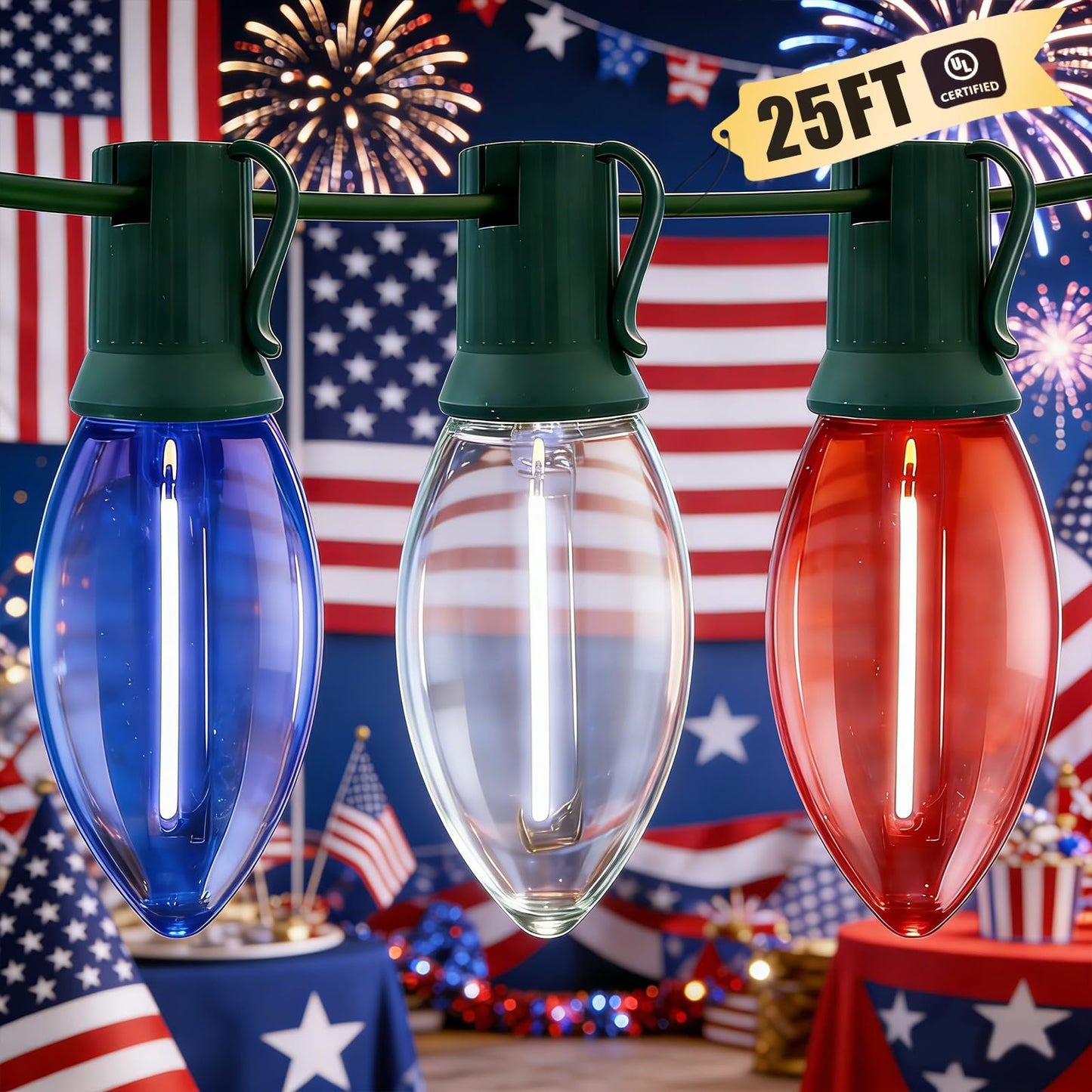 TWINGLEHOME 25 LED Transparent C9 String Lights with Green Wire, Multifunctional Modes Lighting (Red, White, Blue) for Nation Day