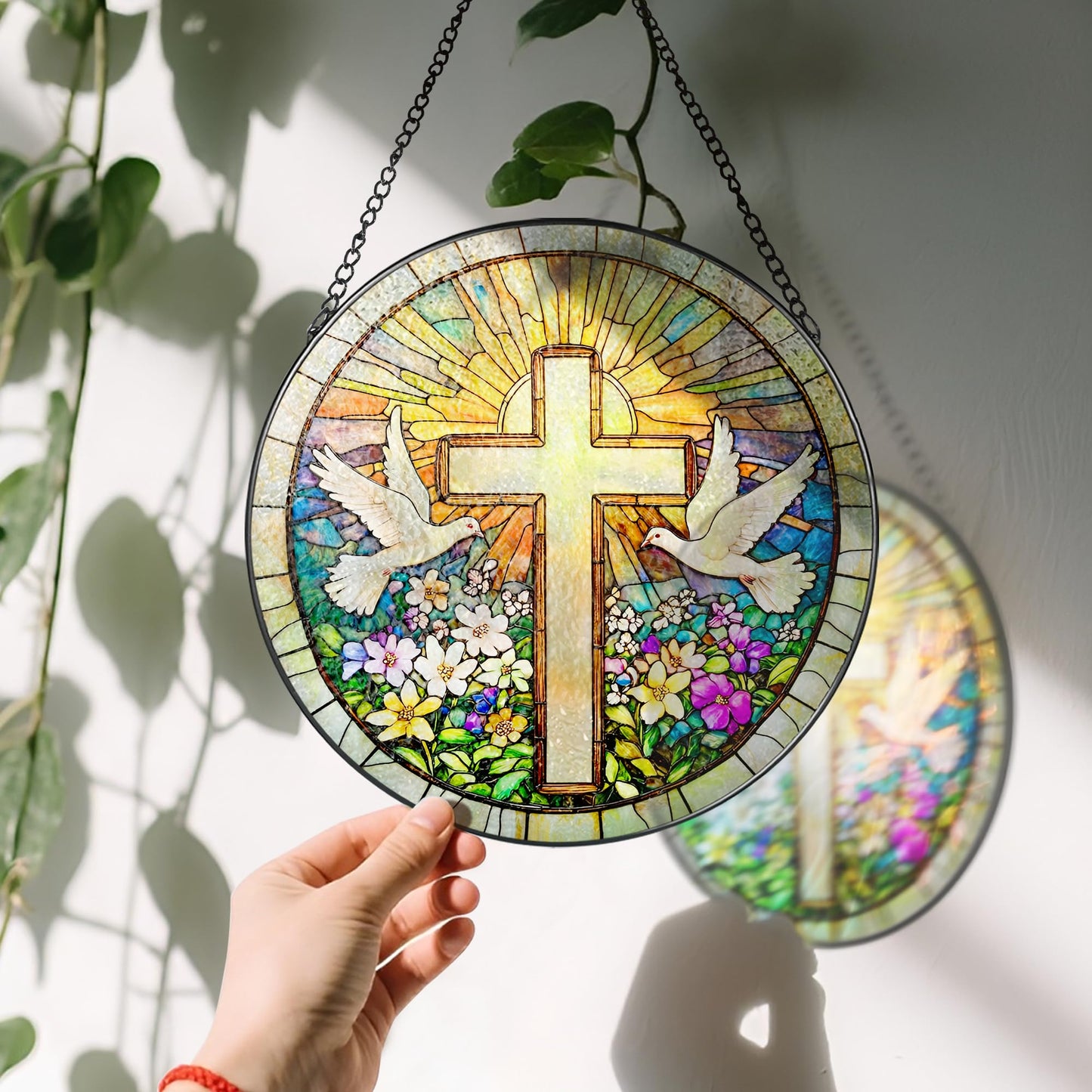 Cross and Wildflowers Stained Glass Suncatcher, 8 Inch Christian Stained Glass Windows Hanging, Flower Cross Gift for Religious, Christian Gifts, Easter Faith Home Decor