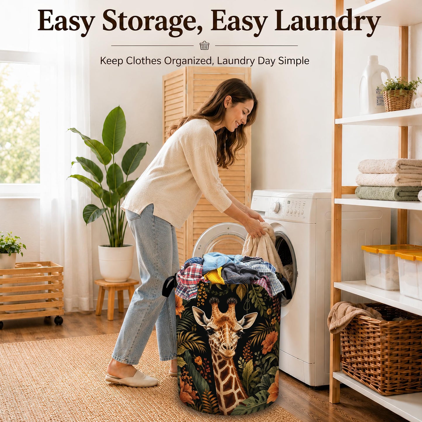 Safari Giraffe Floral Laundry Basket with Handles, Foldable Tall Oxford Clothes Hamper, Lightweight Water-Resistant Storage Bin for Bedroom Bathroom College Dorm, 16 x 20.8 Inch