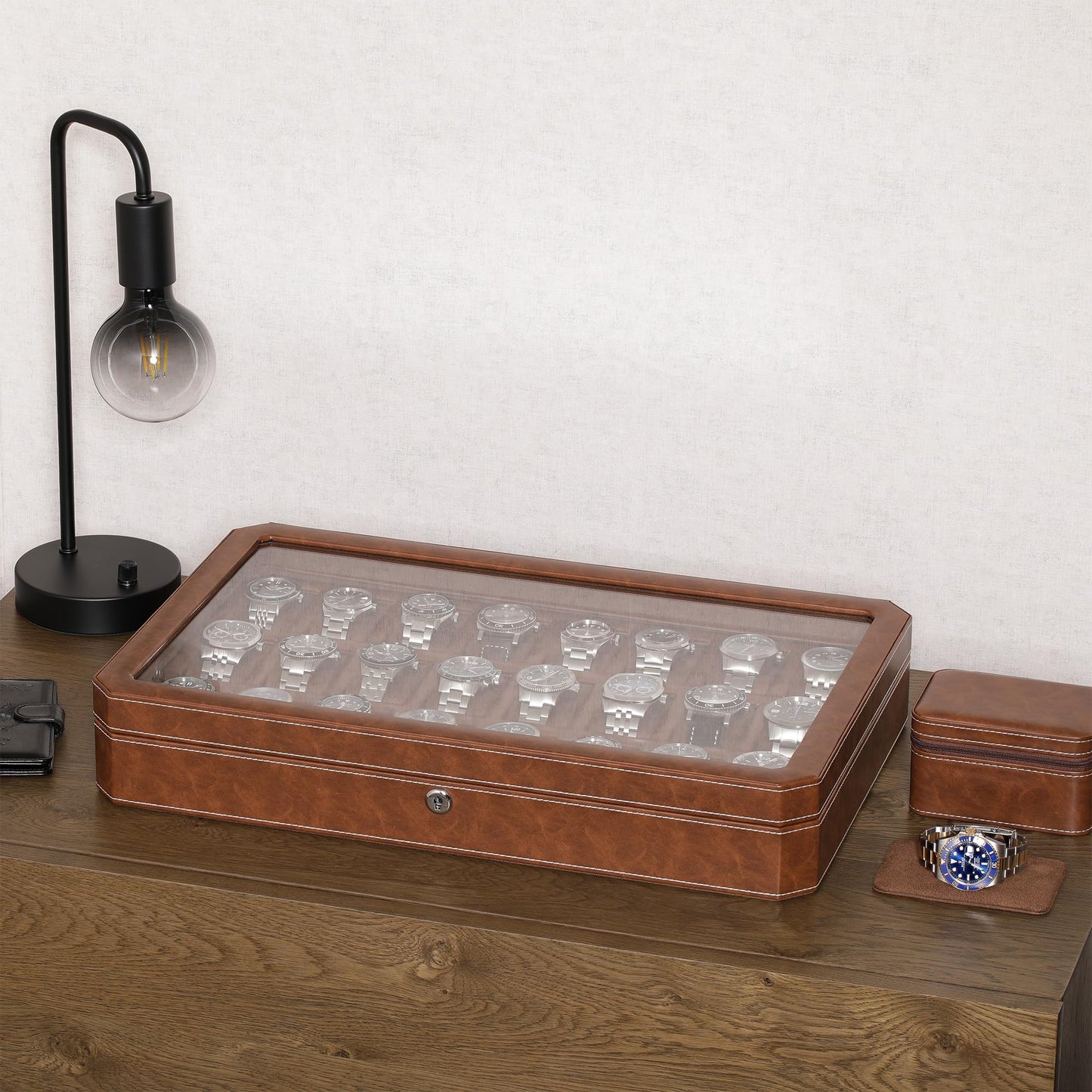 ROTHWELL 24 Slot Watch Case with Lock – Luxury Watch Box to Display and Organize Your Collection | Real Glass Top | Premium Storage for Collectors (Tan/Brown)