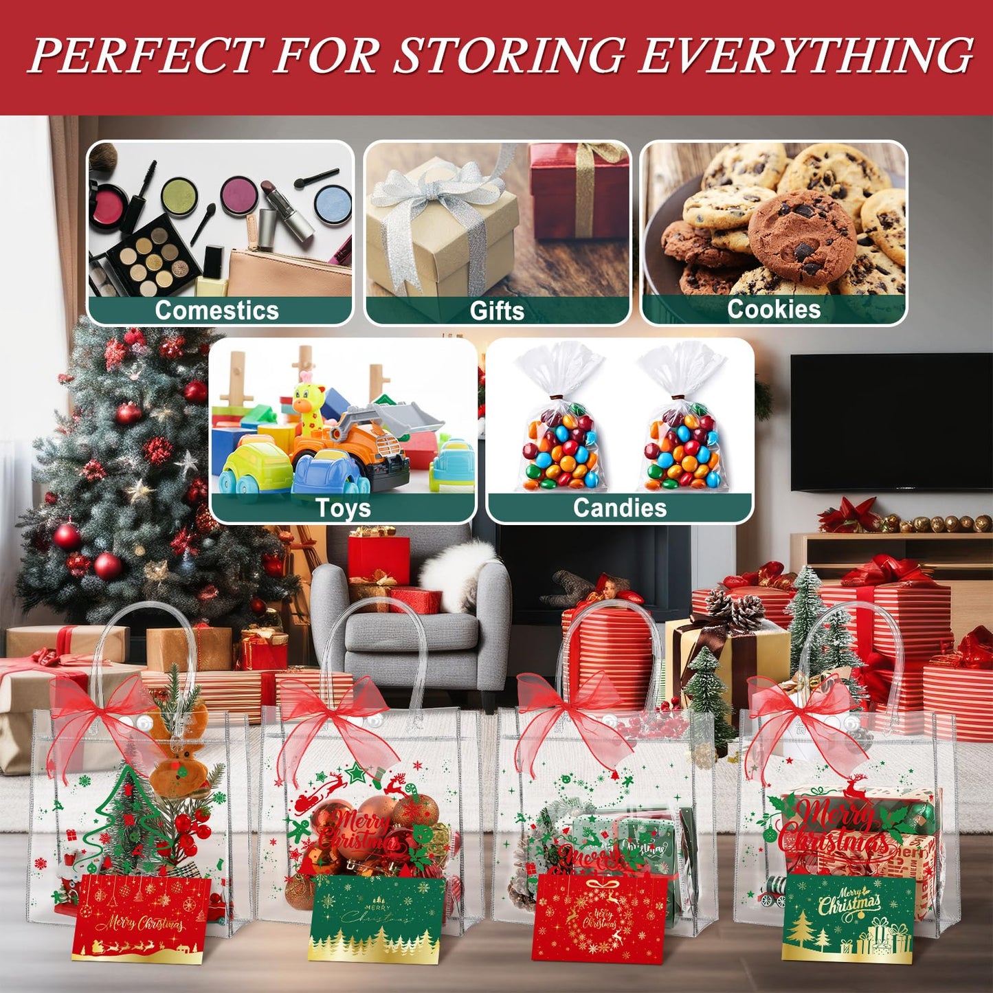 24pcs Christmas Clear Gift Bags with Handles And Ribbon Merry Christmas Greeting Card Set Xmas Transparent Reusable Gift Wrap Bags PVC Candy Goodie Treat Totes for Xmas Winter Holiday Party Favors