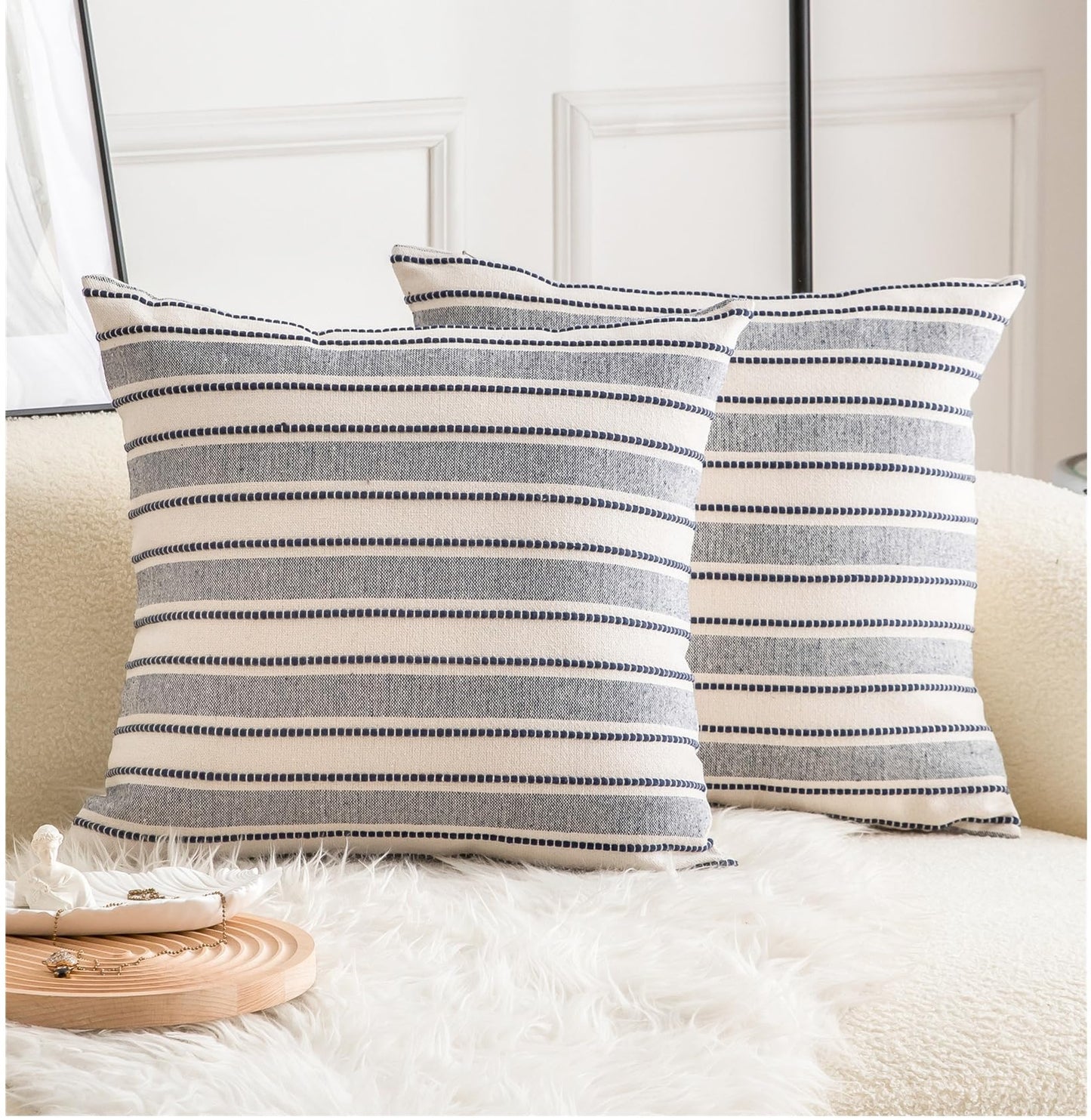 Cethom Decorative Boho Throw Pillow Covers, Farmhouse Textured Pillow Case, 20 x 20 Inch Set of 2, Chair Sofa Bedroom Living Room Decor Couch Cushion Case, Navy Blue and Beige Striped