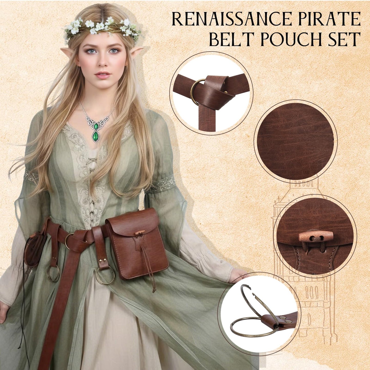 Renaissance Belt Pouch Medieval Pirate Costume Accessories - Viking Faux Leather Waist Bag with Skirt Hikes for Cosplay LARP (Brown)
