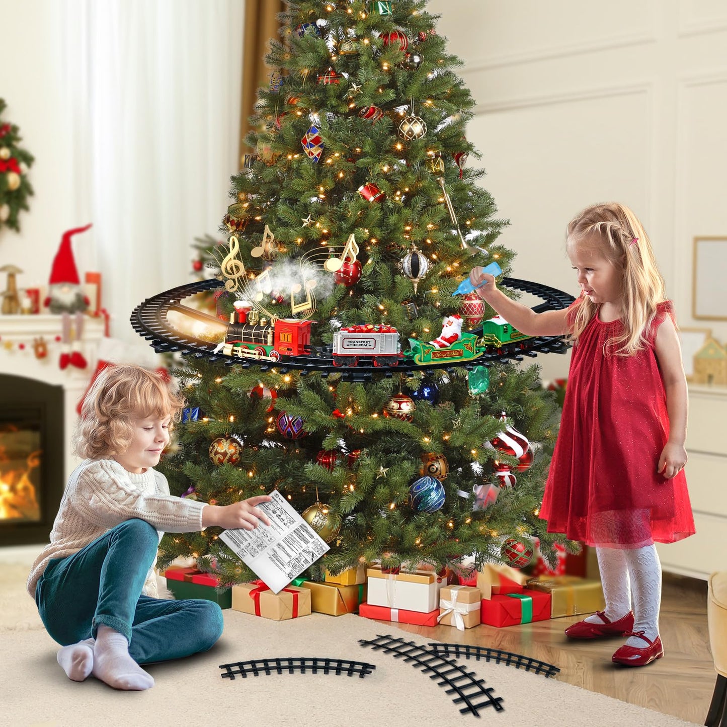 Christmas Train Set - Hanging Train Toys Around Under The Christmas Tree w/Smoke, Whistle (Turn on/Off) & Lights, Toys Decoration for 3 4 5 6 7 8+ Boys Girls