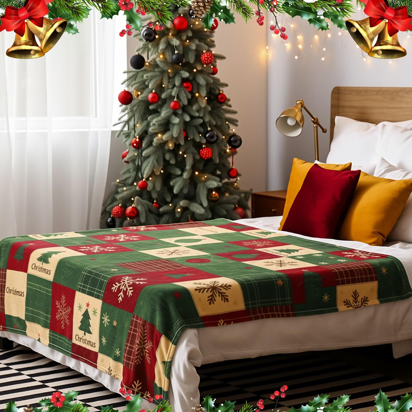 HunnmingRe Christmas Flannel Blanket Throw Red Green Checkered Blanket Christmas Tree Snowflake Soft Fuzzy Cozy Throw for Couch Bedroom Sofa Travel Bed Xmas Decor, 50 x 60 Inch