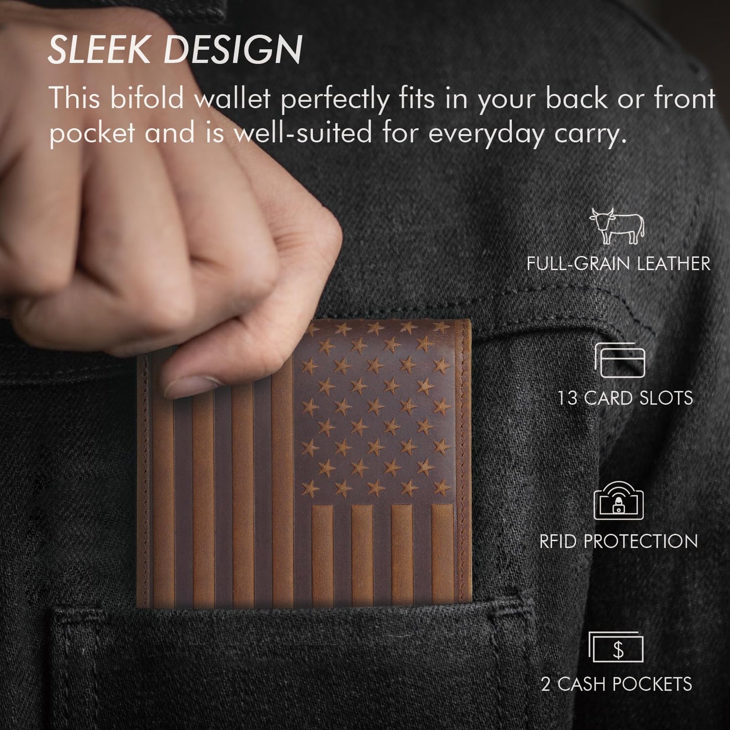 Pefiam Full Grain Leather Wallet for Men, RFID Blocking, Mens Wallet Bifold with 2 ID Windows, Billfold with 13 Card Slots, Leather Gift for Men, American Flag Wallet Dark Brown
