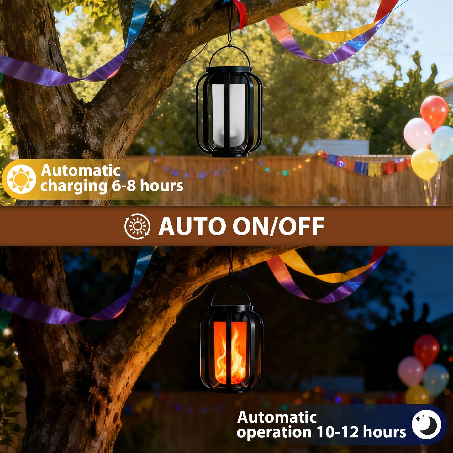 Solar Lanterns Outdoor Lights, 2 Pack Waterproof Flickering Flame Hanging Lights, Solar & USB Dual Charging, 2 Modes, Solar Pathway Lights for Yard, Garden, Patio, Tabletop, Holiday Decor