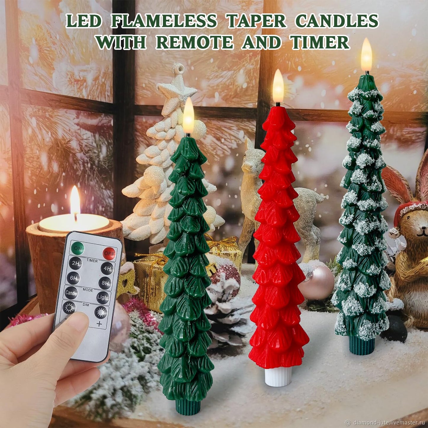 6 Pack Christmas Tree Taper Candles Flameless Taper Candles with Remote Timer Christmas Tree Candlesticks 3D Wick Flickering Battery Operated Candles for Christmas Holiday Home Party Decoration