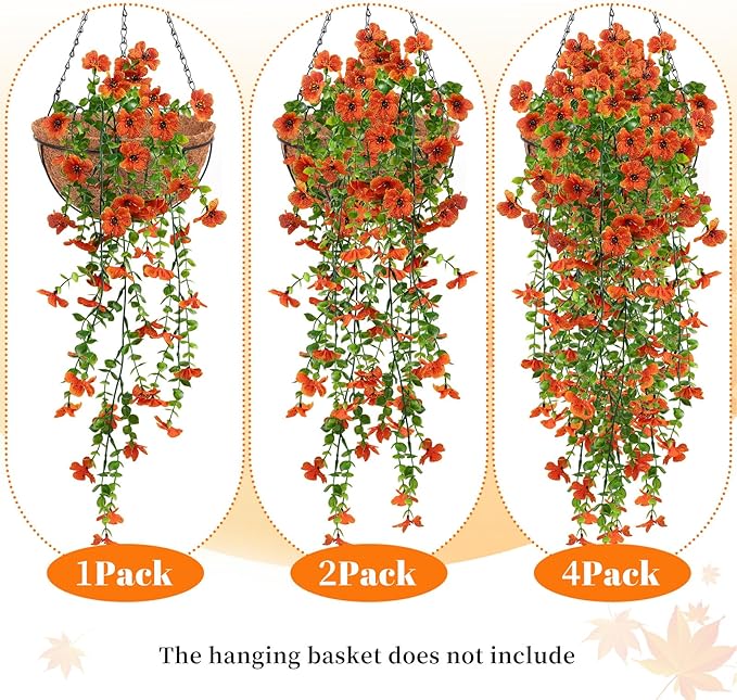 Artificial Flowers for Fall Decor, Artificial Hanging Flowers for Outdoors, 4pcs Realistic Faux Daisy Baskets Fake Plants, Autumn Leaves for Thanksgiving Garden Front Porch Courtyard Patio (Orange)