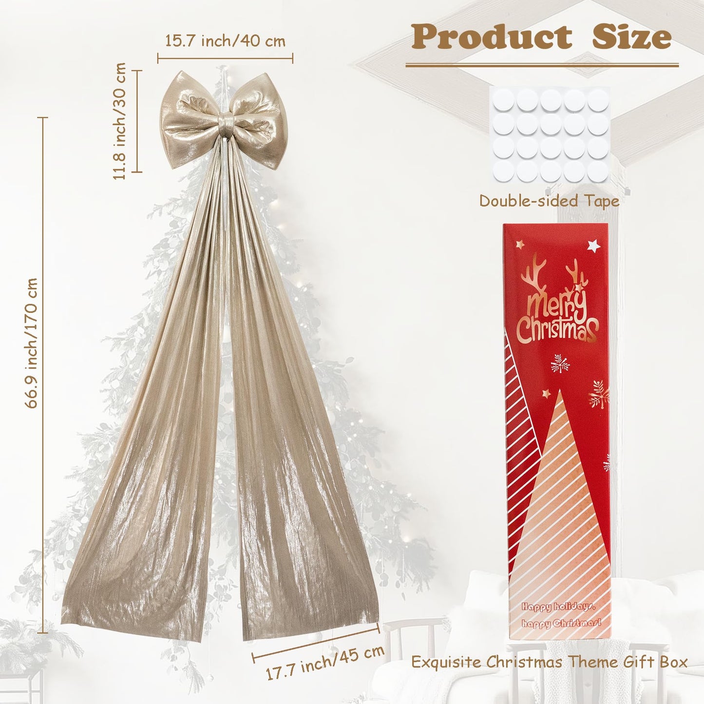 Hismir Christmas Tree Topper Bow，67x16 Inch Extra Large Room Decor Ribbon Bow for Wedding Engagement Birthday Party，Giant Xmas Bow Decorations for Home Wreath Door Wall(Champagne Gold)