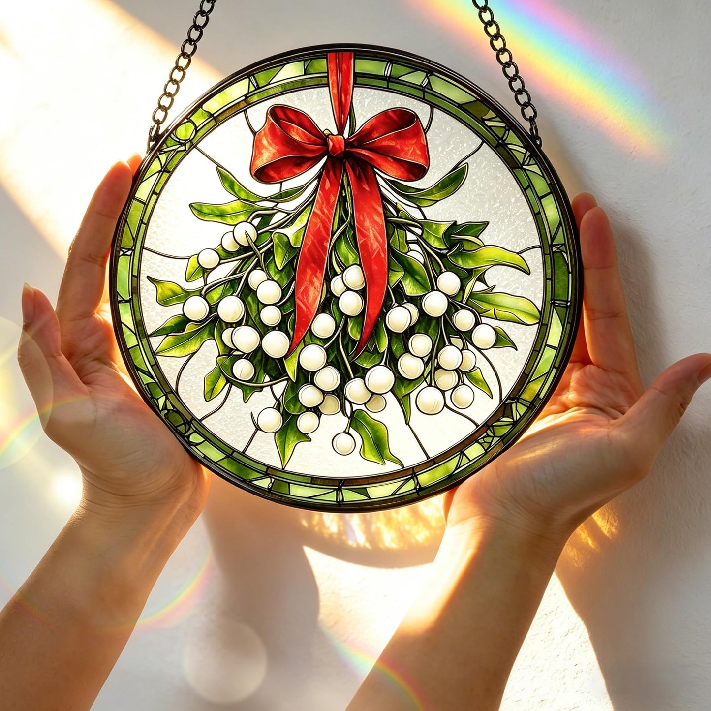 Stained Glass Window Hanging, 7.8 Inch Mistletoe Stained Glass Suncatcher, Sun Catchers Indoor Window Ornament, Christmas Window Decor, Gifts for Christmas, Valentine’s Day, Housewarming, Birthday