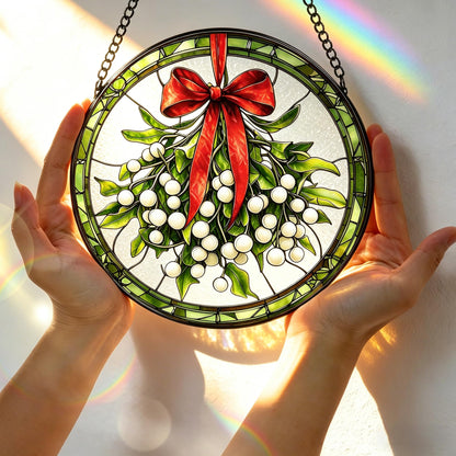Stained Glass Window Hanging, 7.8 Inch Mistletoe Stained Glass Suncatcher, Sun Catchers Indoor Window Ornament, Christmas Window Decor, Gifts for Christmas, Valentine’s Day, Housewarming, Birthday