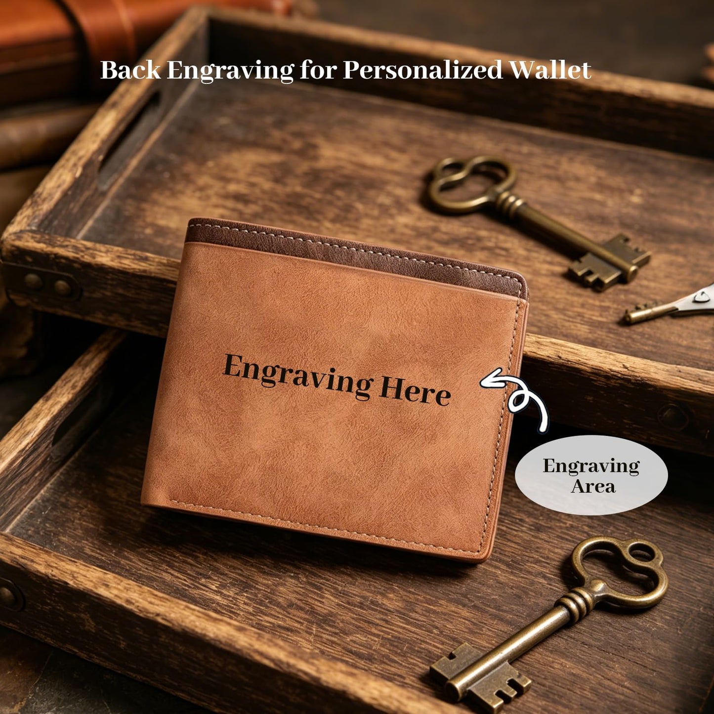 YVD Personalized Wallets for Men, Custom Photo Picture Engraved Bifold Wallet, Premium PU Leather Mens Wallet, Anniversary Birthday Gifts for Husband Dad Him (Light Brown)