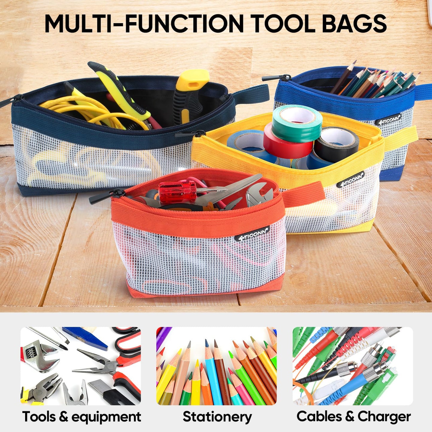 TICONN Tool Pouch, 1680D Oxford Small Tool Bag, Tool Pouches with Zipper, Clear Utility Bag Zipper Pouch for Tool Organizers and Storage (6PK Combo)