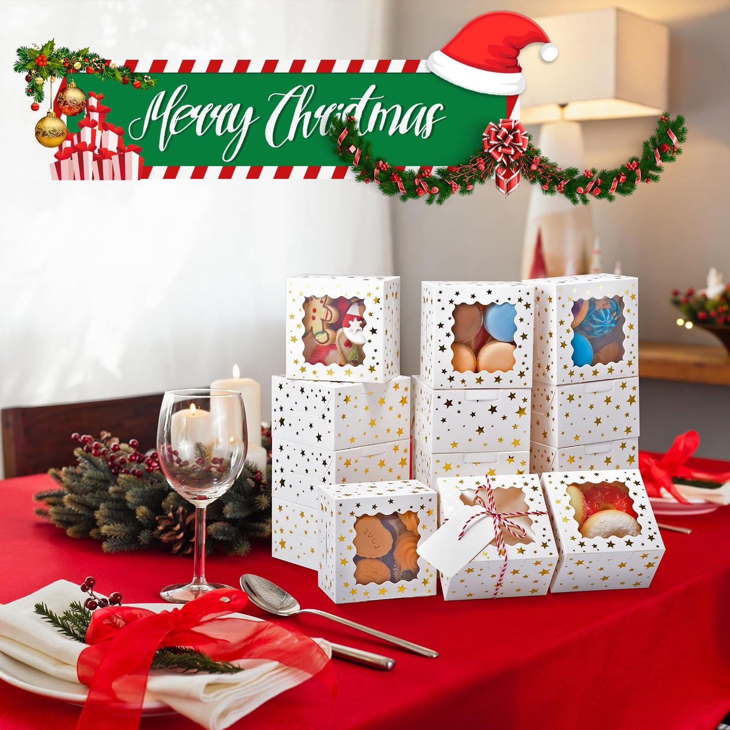 DOYIDE 32Pcs 4x4x2.5 in Christmas Cookie Boxes with Window, White Bakery Boxes for Cookie, Treat Boxes Pastry Boxes for Gift Giving, Chocolate Covered Strawberries, Dessert, Donut, Cupcakes Muffins