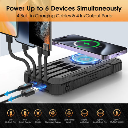 BLASOUL Solar Charger 49800mAh Power Bank - Wireless Portable Phone Charger with 4 Built-in Cable,22.5W Fast Charging Battery Pack USB C in/Output for All Cell Phone iPhone,Galaxy,Android,Etc(Black)