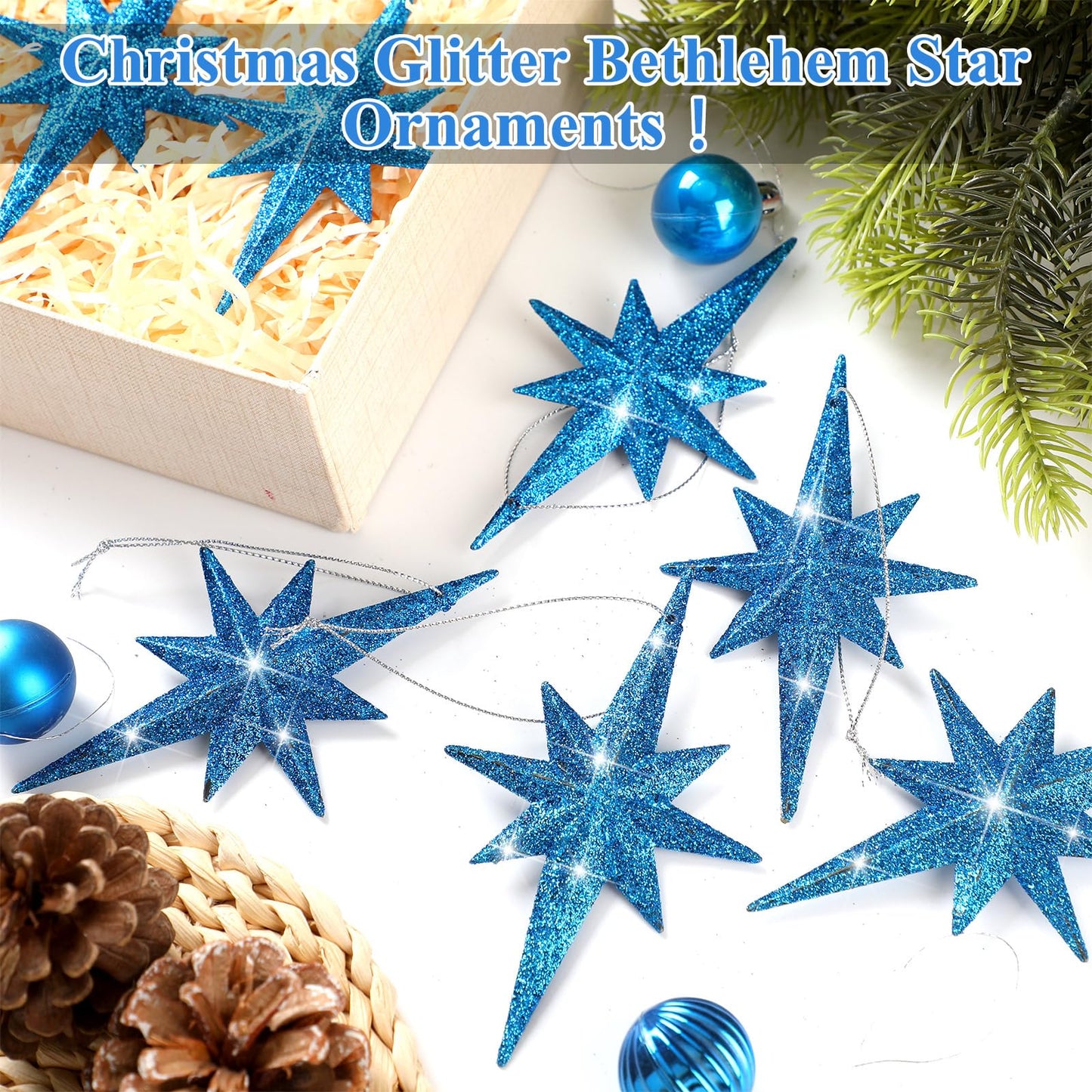 Quzzil 12 Pcs Christmas Bethlehem Star Blue Ornament 4.72 x 2.95 Inch Star of Bethlehem Christmas Tree Topper Glitter Ornament Plastic Nativity Stars Hanging Decor Accessories