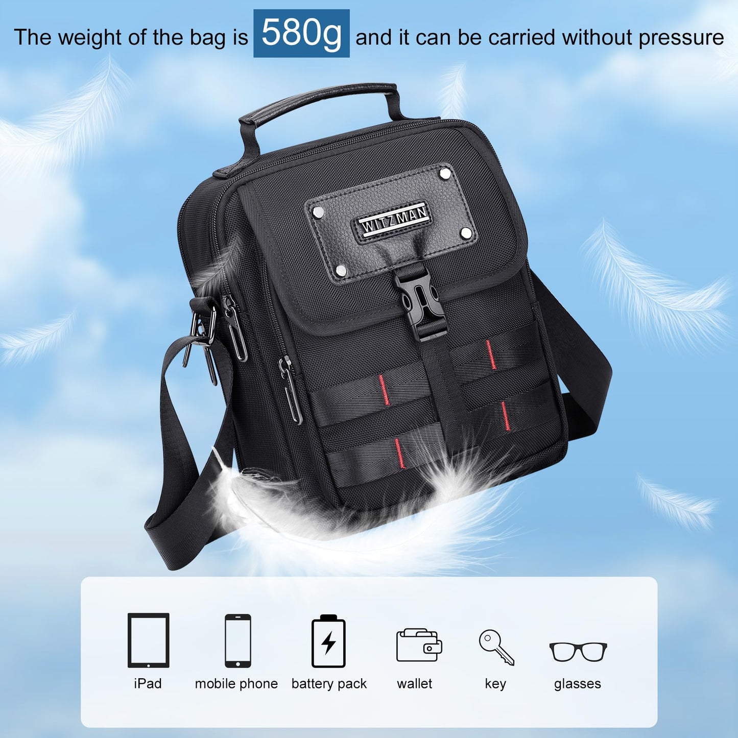 WITZMAN Crossbody Bag for Men Lightweight Man Purse Messenger Bag Casual Satchel Nylon Shoulder Bag for Work Traveling(B708 Black)