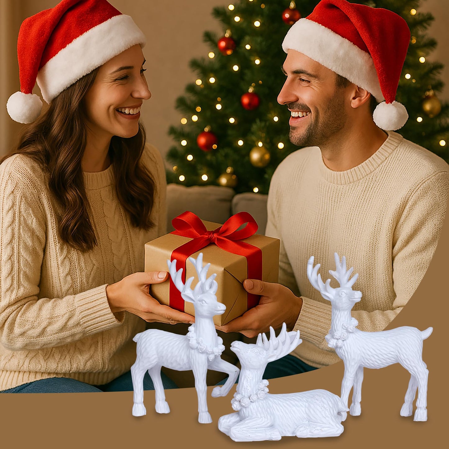 White Christmas Reindeer Decor Set of 3 Resin Standing Deer Figurines Elk Sculpture Christmas Figurine Centerpieces for Home Tabletop Shelf Elegant Xmas Deer Statue Artificial Animal Table Decorations