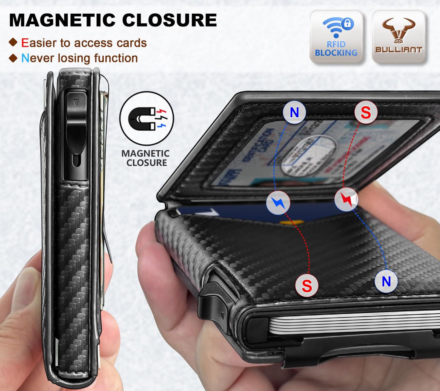 BULLIANT Men Wallet,Magnetic Metal Wallet Money Clip 9Cards Pop-up Access RFID Blocking