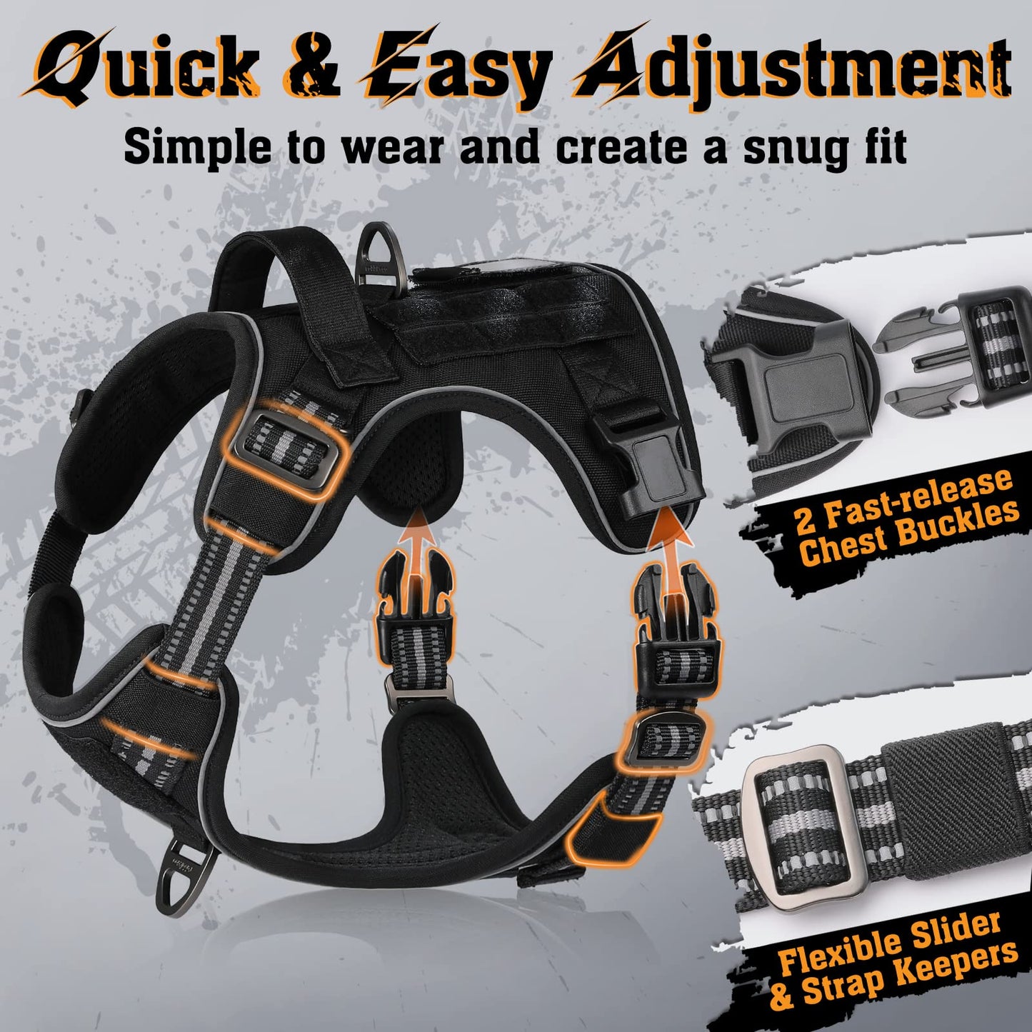 rabbitgoo Dog Harness for Large Dogs No Pull, Tactical Service Pet Vest with Molle and Control Handle, Adjustable and Reflective Military Harness for Easy Walking and Training, Black, L