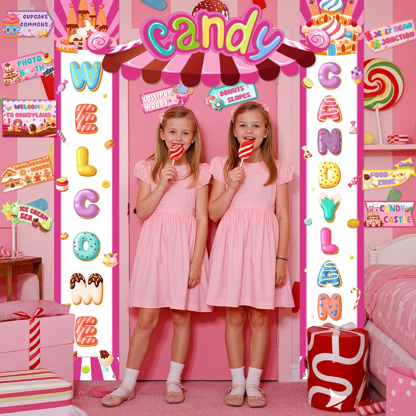 Candyland Party Decorations Welcome Candyland Door Banner Porch Sign Lollipop Paper Cutouts Sweet Candy Theme Party Supplies for Kids Candy Land Birthday Baby Shower Halloween Christmas Decor