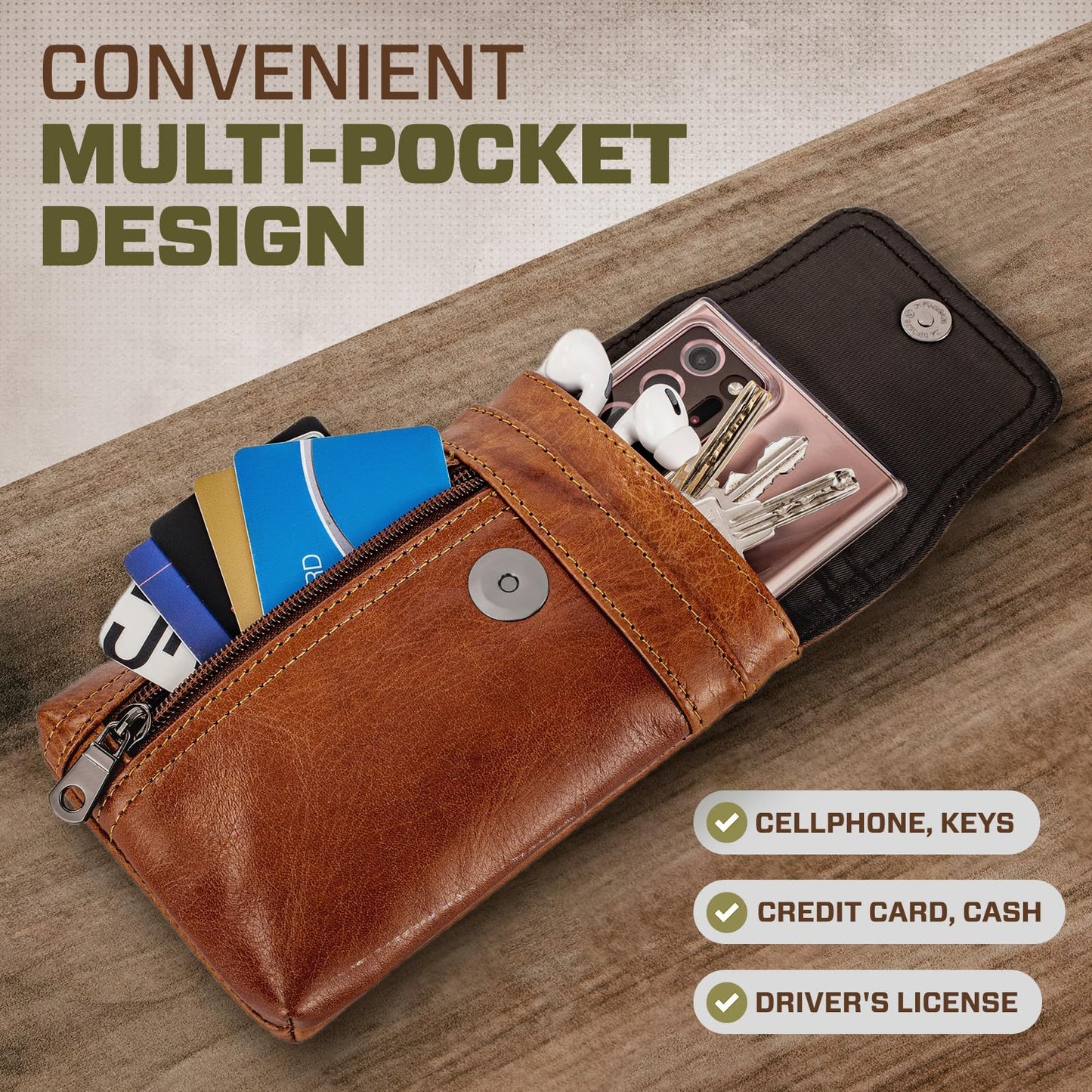 Hengwin Phone Holster Belt Case with Belt Clip, Genuine Leather Belt Pouch Cell Phone Holder Fit for iPhone 16 Plus 15 Pro Max 14 Pro Max Samsung Galaxy S25 Plus (Fit Cellphone with Case On) (Brown)