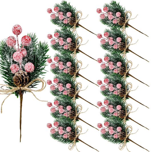 12 Pcs Artificial Christmas Floral Picks,Artificial Holly Berry Stems Pine Cones Pine Branches, Christmas Tree Picks and Sprays, Xmas Ornaments DIY Wreath Wedding Home Decor Silk Flower Arrangements