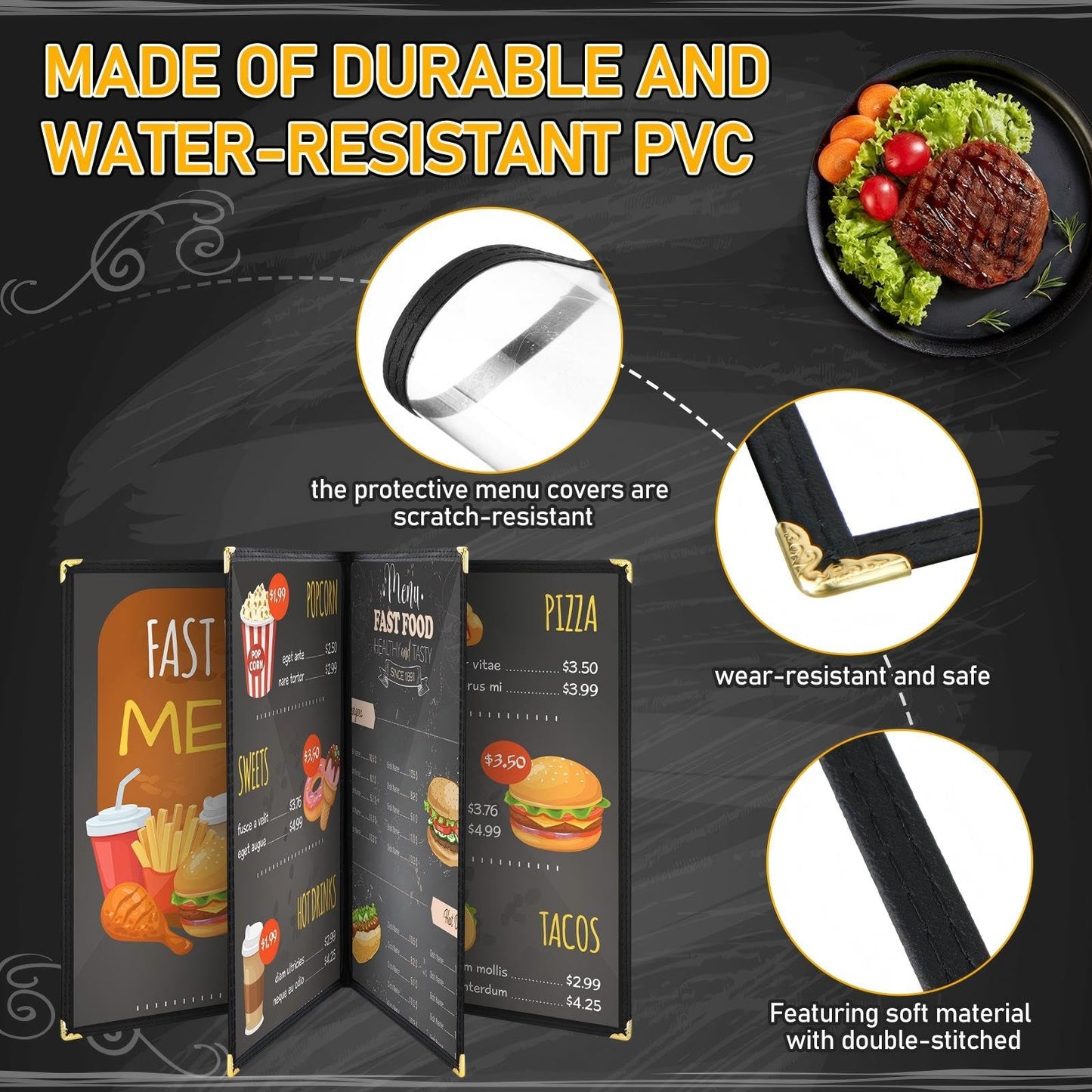 Cinnvoice 24 Pcs Restaurant Menu Covers 8.5 x 11 Inch Book Style 4 Page 8 View PVC Transparent Restaurant Menu Holder Book for Cafe Bar Hotel, Black