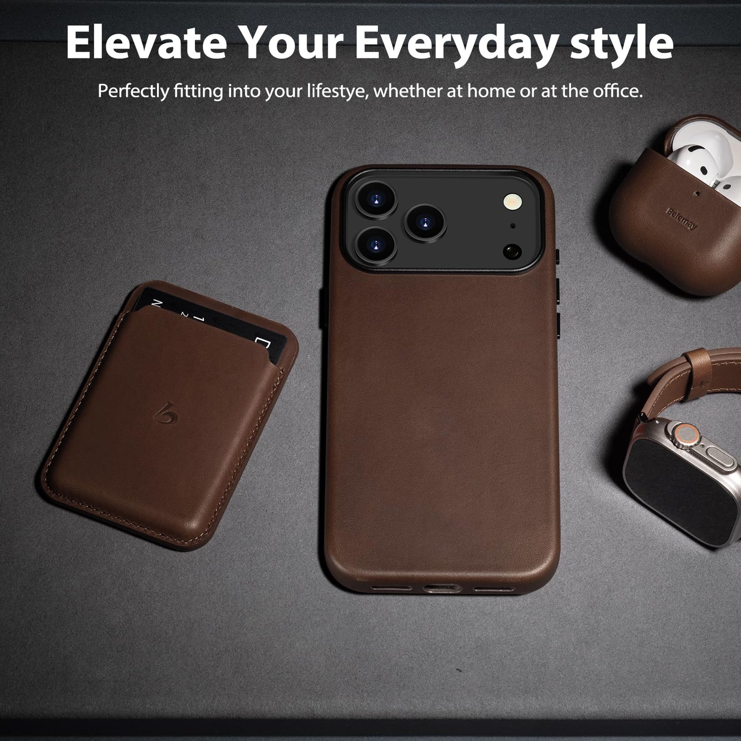 Belemay Handcrafted Full-Grain Vegetable-Tanned Leather Case for iPhone 17 Pro, Compatible with MagSafe, Two-Tone Effect, Natural Patina, Camera Control Button, Metal Buttons (6.3") Bourbon Brown