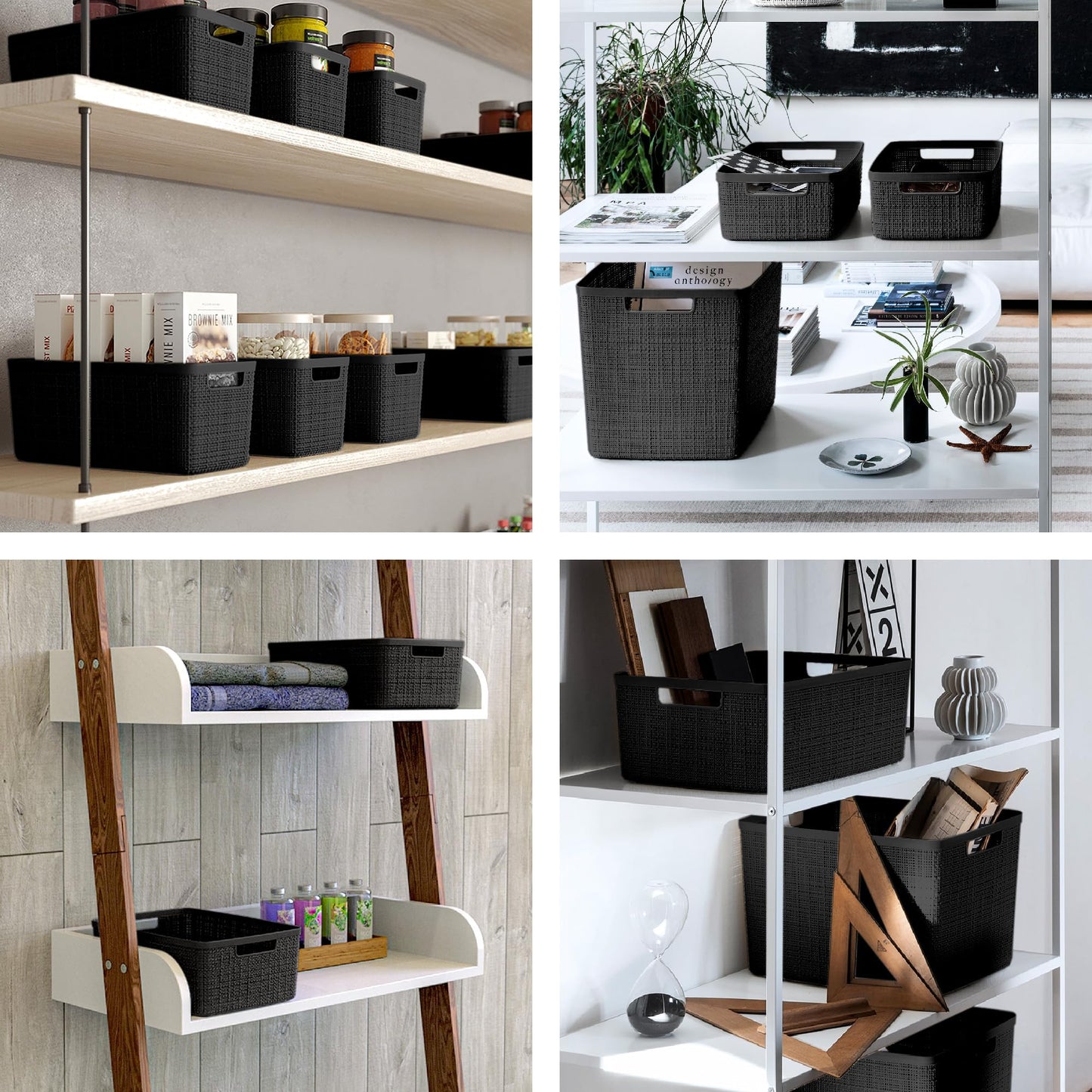 Curver Set of 2 XL 30.5L Jute Decorative Plastic Organization and Storage Baskets - Perfect Bins for Home Office, Closet Shelves, Kitchen Pantry and All Bedroom Essentials, Black